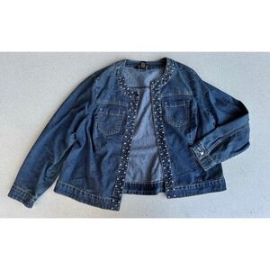 Baccini Womens Blue Studded Collarless Denim Jacket Open Front Size 18/20W